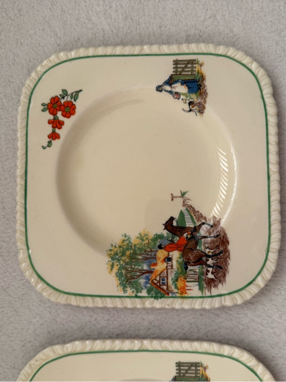 Antique RARE 1930’s Art Deco ~ Dessert Plates Set Hunting Scene Horses Drawn Art - Picture 3 of 6